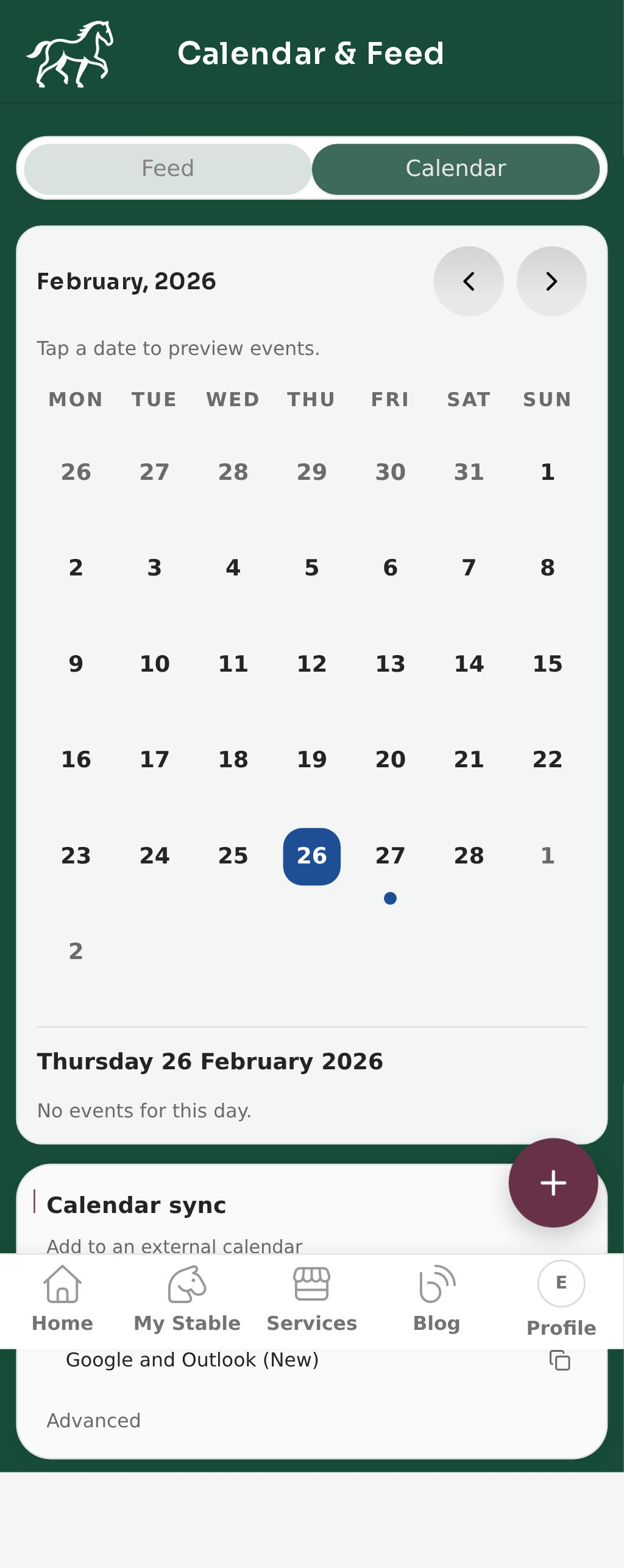 Calendar and Feed - Calendar tab (mobile)